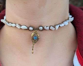 macrame choker with blue onyx brass pendant and mother-of-pearl chips