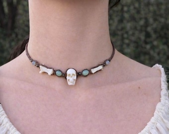 Bone Necklace with Marten Vertebrae and Opal, Macrame Necklace Marten Bones and Green Jade, Shaman Necklace Real Bones