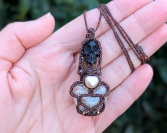 macrame necklace with real snake skin in a glass vial, necklace snake skin and skull bone bead