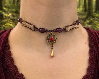 Bone Necklace, Macrame Choker with Jade, Shaman Jewelry, Pagan Necklace Handmade