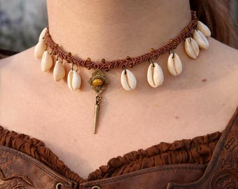 Macrame shell choker with tiger’s eye brass pendant and cowrie shells, shell necklace with gemstones