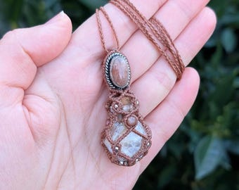Macramé Necklace Real Snake Skin in Glass Vial with Sunstone and Moonstone, Snake Skin Talisman with Gemstones