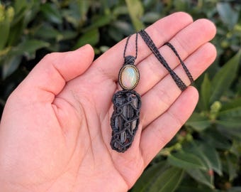 Macrame Necklace with Ethiopian Opal and Black Tourmaline, Boho Gemstone Necklace
