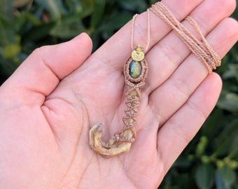 Macrame Shaman Necklace with Quail Foot and Labradorite, Real Bone Claw Gemstone Necklace