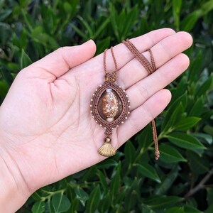 Handmade Kauri Shell Macrame Necklace, Boho Beach Jewelry with Brass Charm, Adjustable Bohemian Cowrie Jewelry, Macrame Pendant Tiger Eye