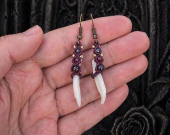 Bone Earrings Macrame, Gothic Earrings Tribal Style, Handmade Alternative Jewelry