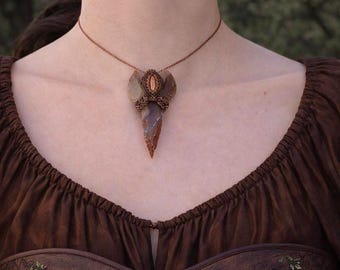 Jasper Arrowhead Necklace with Sunstone, Handmade Tribal Macrame Necklace