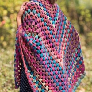 May include: A colorful crocheted shawl with a geometric pattern in shades of pink, blue, purple, and brown. The shawl is draped over the shoulders of a person.