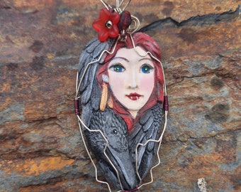 Lady Vampire Goddess and Crow Raven Familiar Halloween  Handmade Pendant