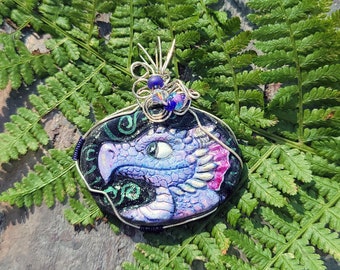 STUNNING Purple DRAGON clay pendant with wire wrapping
