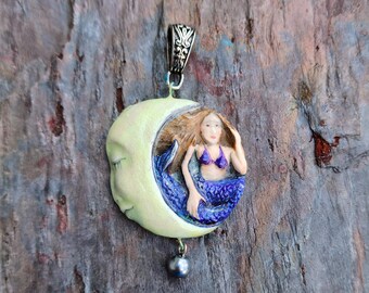 Mermaid and Crescent Moon handmade  pendant With GLOW In The DARK Moon