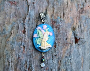 Cool Fairy and Flowers Cameo Pendant Hand Made and Hand Painted