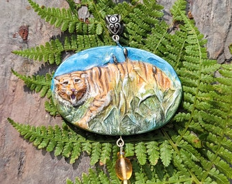 Majestic Bengal Tiger Hunting in the Grass Handmade Pendant