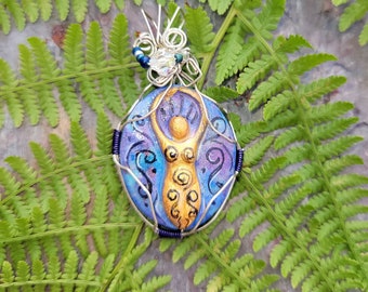 Hand painted Goddess Pendant wire wrapped