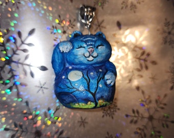 Autumn Full Moon Glow in the Dark  Lucky Cat Maneki Neko Japanese Handmade Pendant