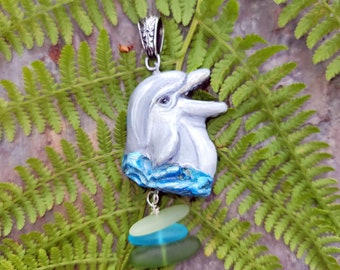 Smiling Bottlenose Dolphin Tursiops Beach Glass Handmade Pendant