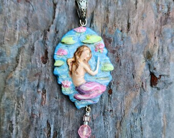 Elegant  Mermaid In the Ocean Handpainted Pendant