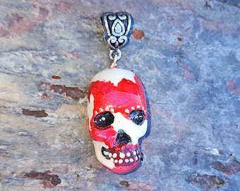 Scary Red and White with Pink Shimmer Skull Pendant Halloween