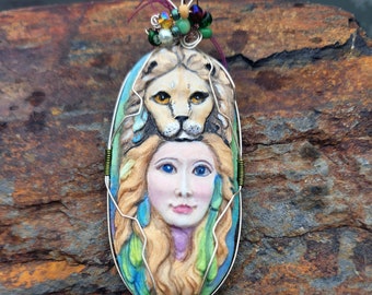 Lady and the Lion Stunning Strength Hand painted pendant