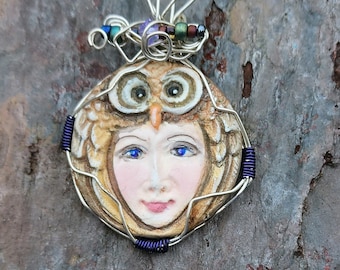 Owl Goddess Hand painted Pendant