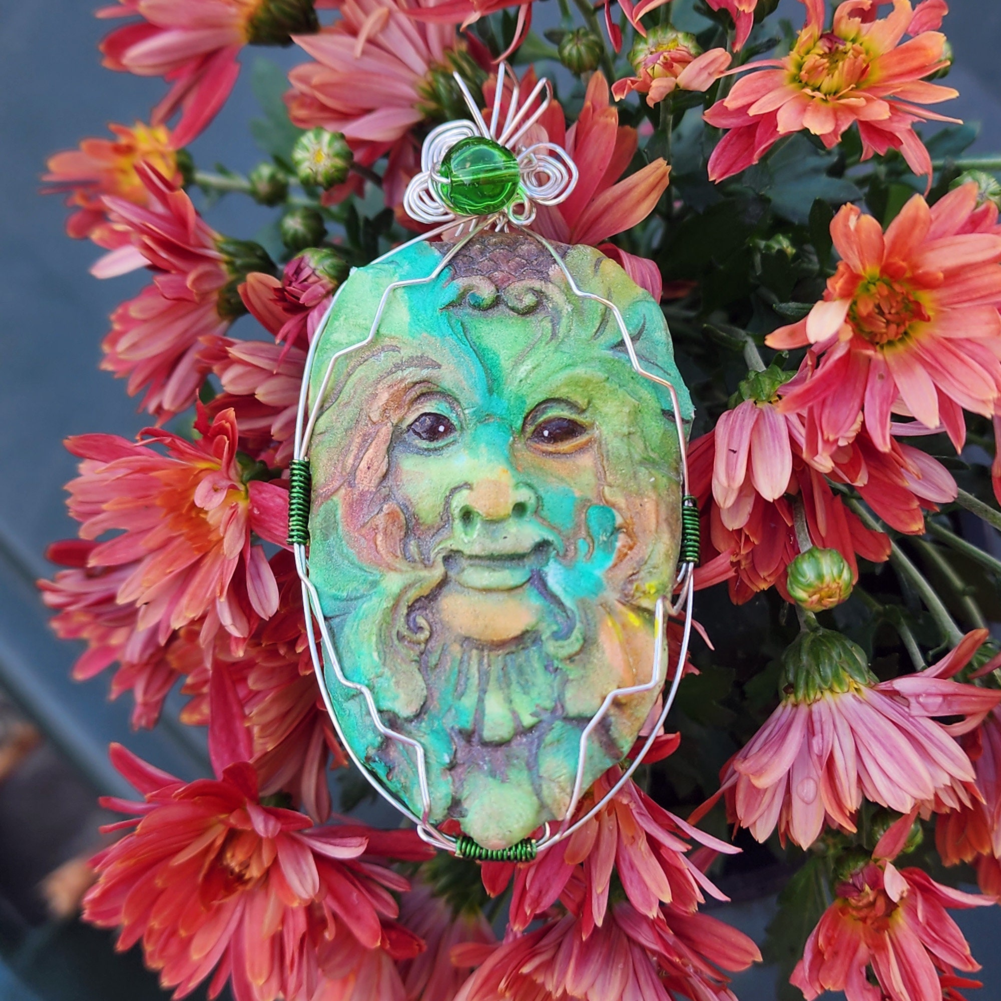 handmade and Painted Celtic Greenman Leaf Hand Crafted Pendant