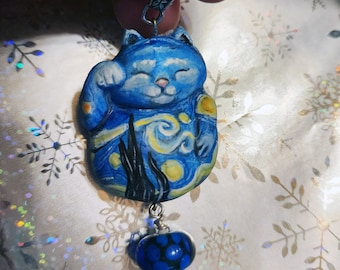 Glow in the Dark Starry Night Lucky Cat Maneki Neko Japanese Handmade Pendant