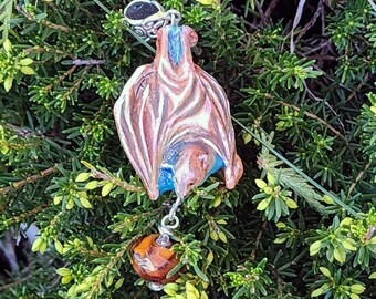 Bat hanging upside down Pendant Hand Sculpted and Painted by Samantha Kocsis