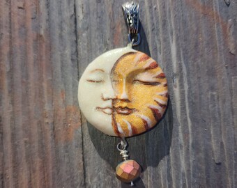 Glow in the Dark Celestial Moon with Sun Pendant Sculpted and Hand Painted