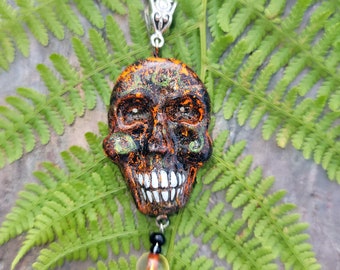 Black and Orange with Green and Orange sparkles Skull Halloween El Dia de los Muertos OOAK Pendant