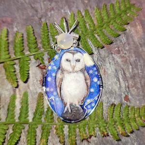 Barn Owl Hand Painted OOAK Pendant Wearable Art With Glow in the Dark Moon Stars