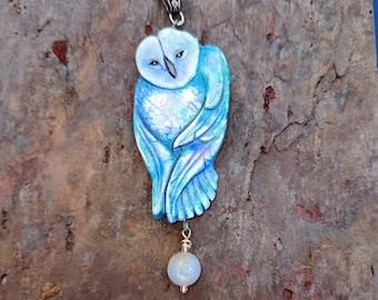 Dreamy Blue Barn Owl Tyto Alba Handmade Pendant