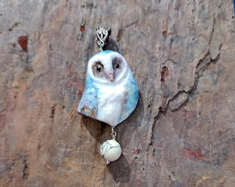 Dusty BLue Barn Owl Tyto alba Handmade Pendant