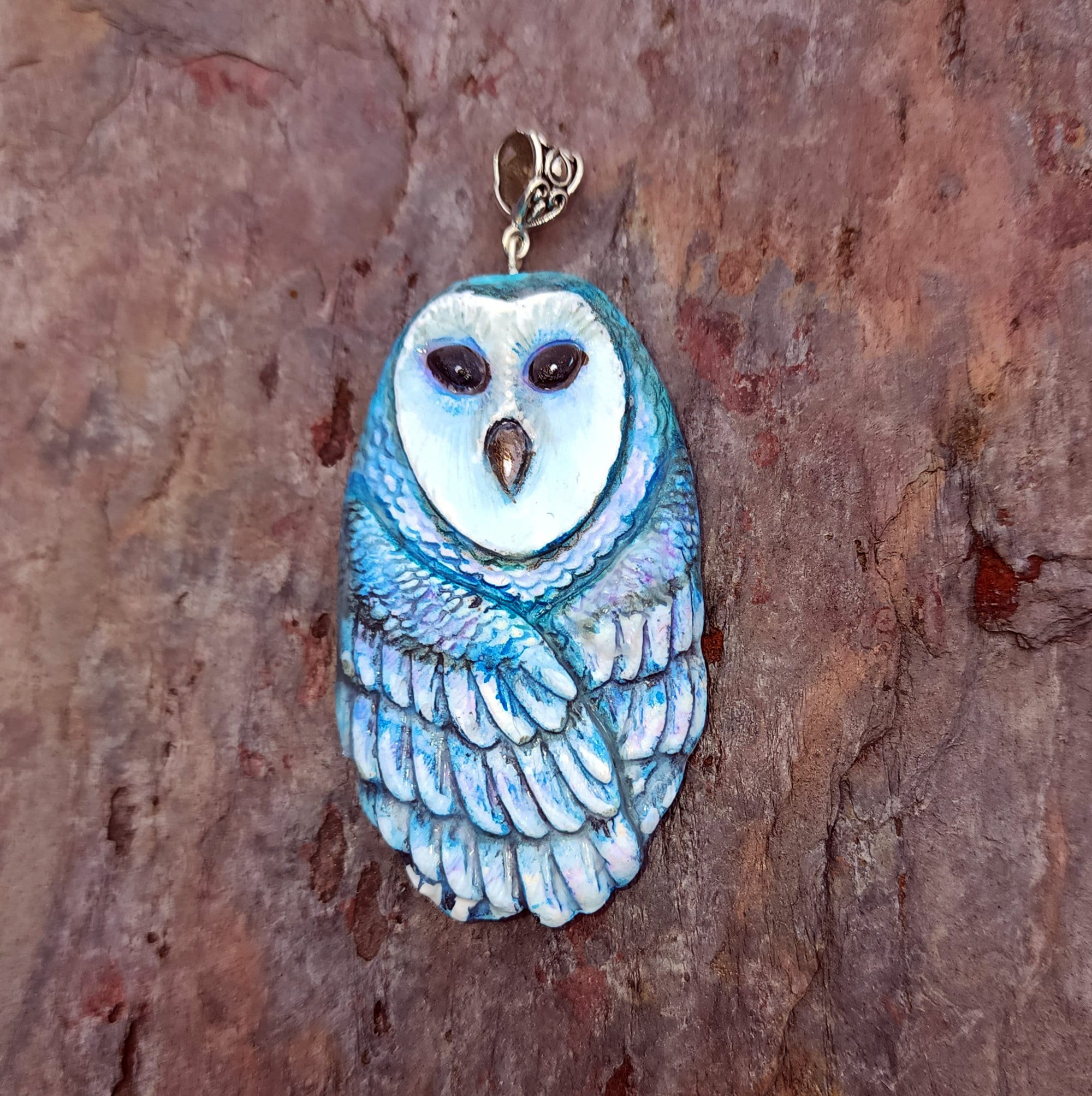 Blue Barn Owl Tyto alba Handmade Pendant