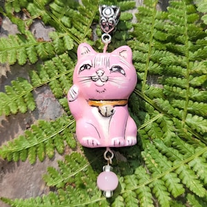 Pretty in Pink Maneki Neko Japanese Cat Handmade Pendant Lucky Cat