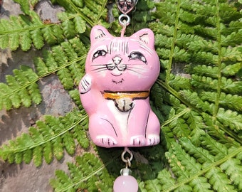 Pretty in Pink Maneki Neko Japanese Cat Handmade Pendant Lucky Cat