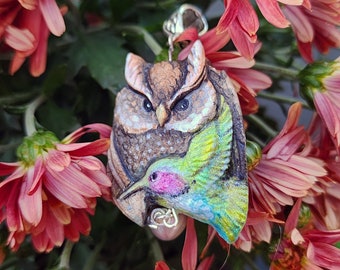 Great Horned Owl Hummingbird Bird Pendant Handmade