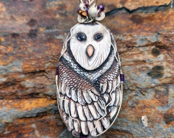 Dreamy Night Barn Owl Tyto alba Handmade Pendant