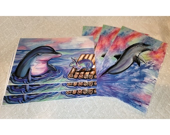 Spring Dolphin and Bunny et Summer Leaping Dolphin Postcard Limited Edition Set 6 Cartes