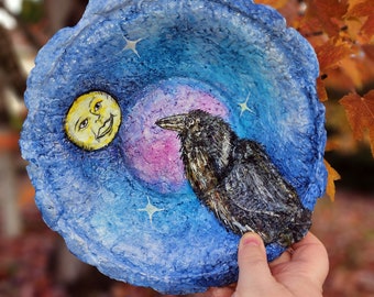 Handcast Paper Raven with Glow in the Dark Moon and Stars Bowl