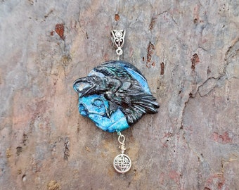 Flying Crow Raven with iridescent Wings Pendant