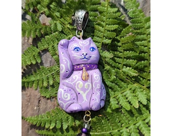 Pretty Purple Maneki Neko Japanese Cat Handmade Pendant Lucky Cat Glow in the Dark Heart