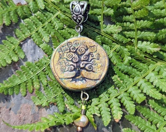Warm Gold Celtic Spiral Tree Handmade Pendant Double Sided