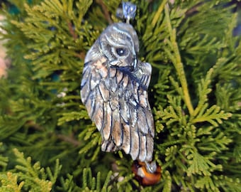 Majestic Great Horned Owl Handmade Pendant in shades of brown