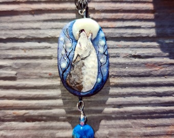 Wolf Howling at Full Moon Glow in the Dark Pendant