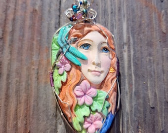 Dragonfly goddess hand painted pendant cool and different