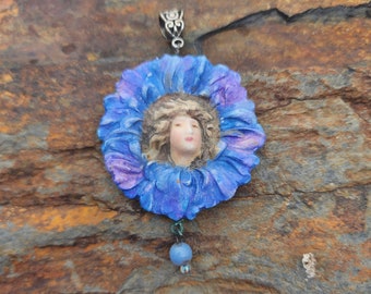 Lady and flower Handmade Pendant OOAK Art Nouveau