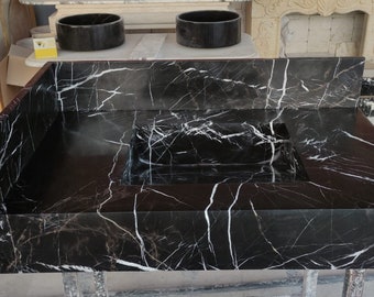 Nero Marquina Marble Sink, Wall Mounted Marble Sink, Bathroom Vanity,Kitchen Tools, Powder Room Marble Vanity, Hanmade Marble Sink