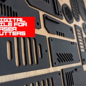May include: A collection of black laser cut pieces of wood, arranged on a wooden surface. The text "DIGITAL FILE FOR LASER CUTTERS" is displayed in red on a white background.