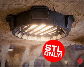 May include: A dark gray, industrial-style ceiling light fixture with a circular design. The light has a series of angled, metallic blades around the light source. The text "STL ONLY!" is in a red circle. The fixture is mounted on a textured ceiling.