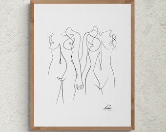May include: A framed art print featuring a minimalist line drawing of three figures. The black lines depict the outlines of the bodies, with details of the breasts and the figures holding hands. The artwork is set against a white background.